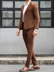 Manfinity Mode 2pcs Men's Solid Color Business Single Breasted Long Sleeve Blazer And Pants Casual Suit Pants Set - Brown - View 5