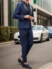 Manfinity Mode 2 piezas Chaqueta y pantalones de traje de negocios diario de manga larga con cuello de solapa de color contrastado, conjunto de traje, primavera otoño - Azul Marino - Ver 6