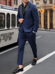 Manfinity Mode 2 piezas Chaqueta y pantalones de traje de negocios diario de manga larga con cuello de solapa de color contrastado, conjunto de traje, primavera otoño - Azul Marino - Ver 8
