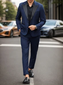 Manfinity Mode 2 piezas Chaqueta y pantalones de traje de negocios diario de manga larga con cuello de solapa de color contrastado, conjunto de traje, primavera otoño - Azul Marino - Ver 3