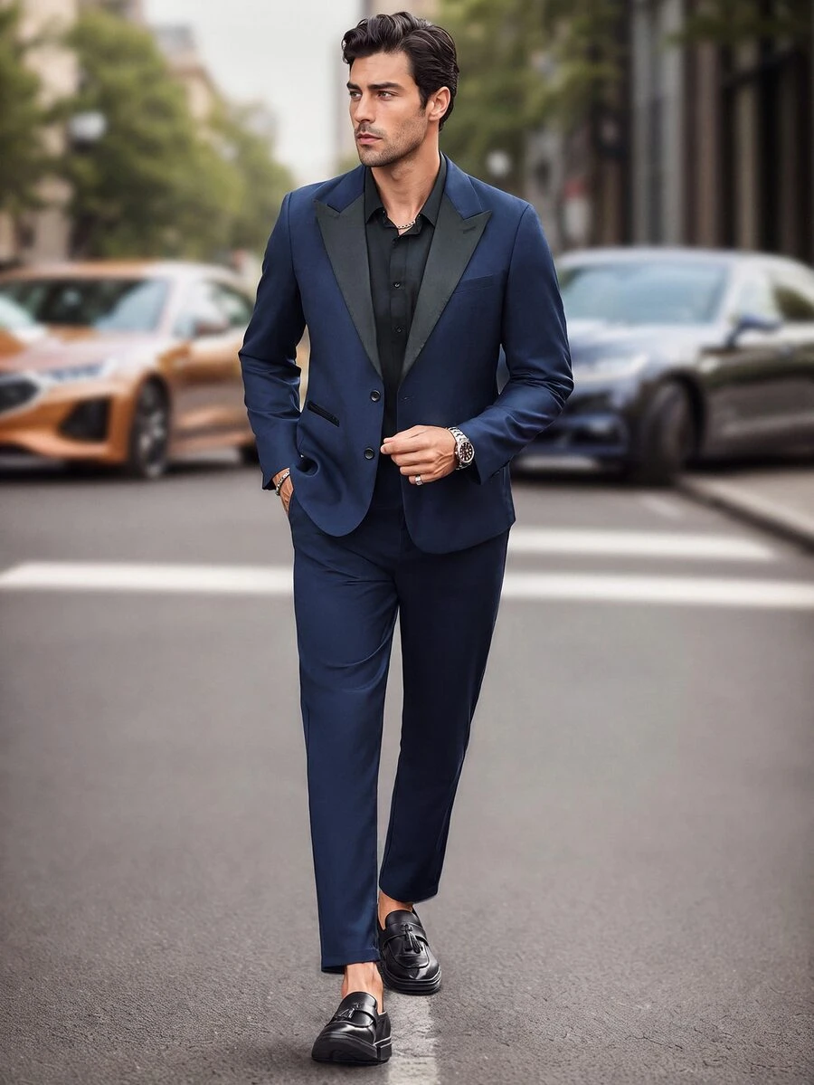 Manfinity Mode 2 piezas Chaqueta y pantalones de traje de negocios diario de manga larga con cuello de solapa de color contrastado, conjunto de traje, primavera otoño - Azul Marino - Ver 1