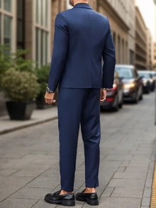 Manfinity Mode 2 piezas Chaqueta y pantalones de traje de negocios diario de manga larga con cuello de solapa de color contrastado, conjunto de traje, primavera otoño - Azul Marino - Ver 7