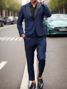 Manfinity Mode 2 piezas Chaqueta y pantalones de traje de negocios diario de manga larga con cuello de solapa de color contrastado, conjunto de traje, primavera otoño - Azul Marino - Ver 2