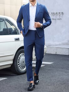 Manfinity Mode Men Casual Business 1-Button Notch Lapel Suit Jacket And Pants Set - Royal Blue - View 3