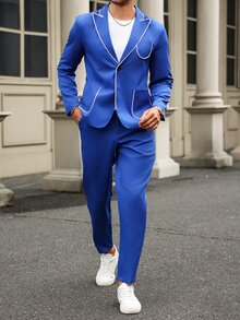 Manfinity Mode 2pcs Contrast Piped Single-Breasted Long Sleeve Blazer & Pocket Trousers Suit Set - Royal Blue - View 2