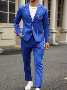 Manfinity Mode 2pcs Contrast Piped Single-Breasted Long Sleeve Blazer & Pocket Trousers Suit Set - Royal Blue - View 5