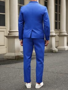 Manfinity Mode 2pcs Contrast Piped Single-Breasted Long Sleeve Blazer & Pocket Trousers Suit Set - Royal Blue - View 7