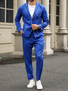 Manfinity Mode 2pcs Contrast Piped Single-Breasted Long Sleeve Blazer & Pocket Trousers Suit Set - Royal Blue - View 6
