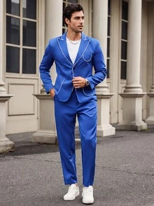 Manfinity Mode 2pcs Contrast Piped Single-Breasted Long Sleeve Blazer & Pocket Trousers Suit Set - Royal Blue - View 1