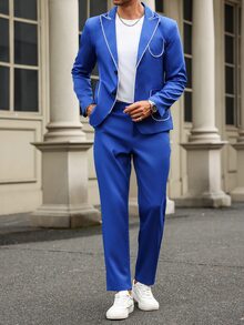 Manfinity Mode 2pcs Contrast Piped Single-Breasted Long Sleeve Blazer & Pocket Trousers Suit Set - Royal Blue - View 3