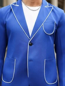 Manfinity Mode 2pcs Contrast Piped Single-Breasted Long Sleeve Blazer & Pocket Trousers Suit Set - Royal Blue - View 8