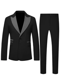 Manfinity Mode 2pcs/Set Men's Contrast Color Collar Jacket And Pants Suit - Black - View 3