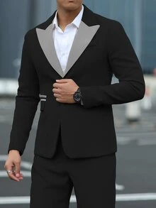 Manfinity Mode 2pcs/Set Men's Contrast Color Collar Jacket And Pants Suit - Black - View 2