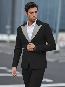 Manfinity Mode 2pcs/Set Men's Contrast Color Collar Jacket And Pants Suit - Black - View 1