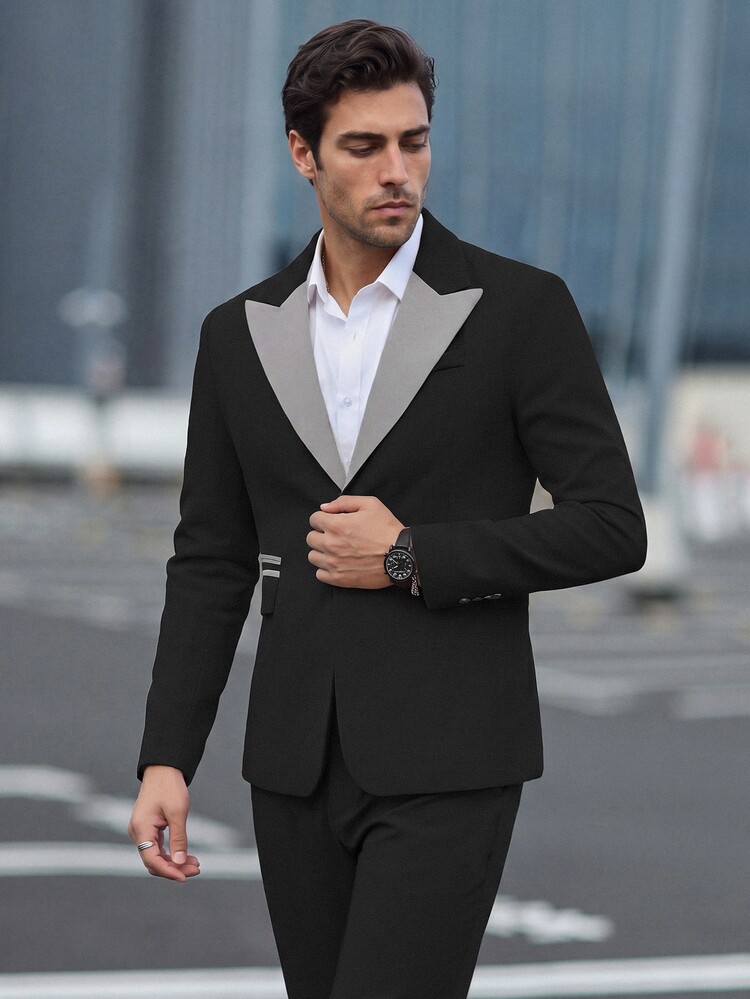 Manfinity Mode 2pcs/Set Men's Contrast Color Collar Jacket And Pants Suit - Black - View 1