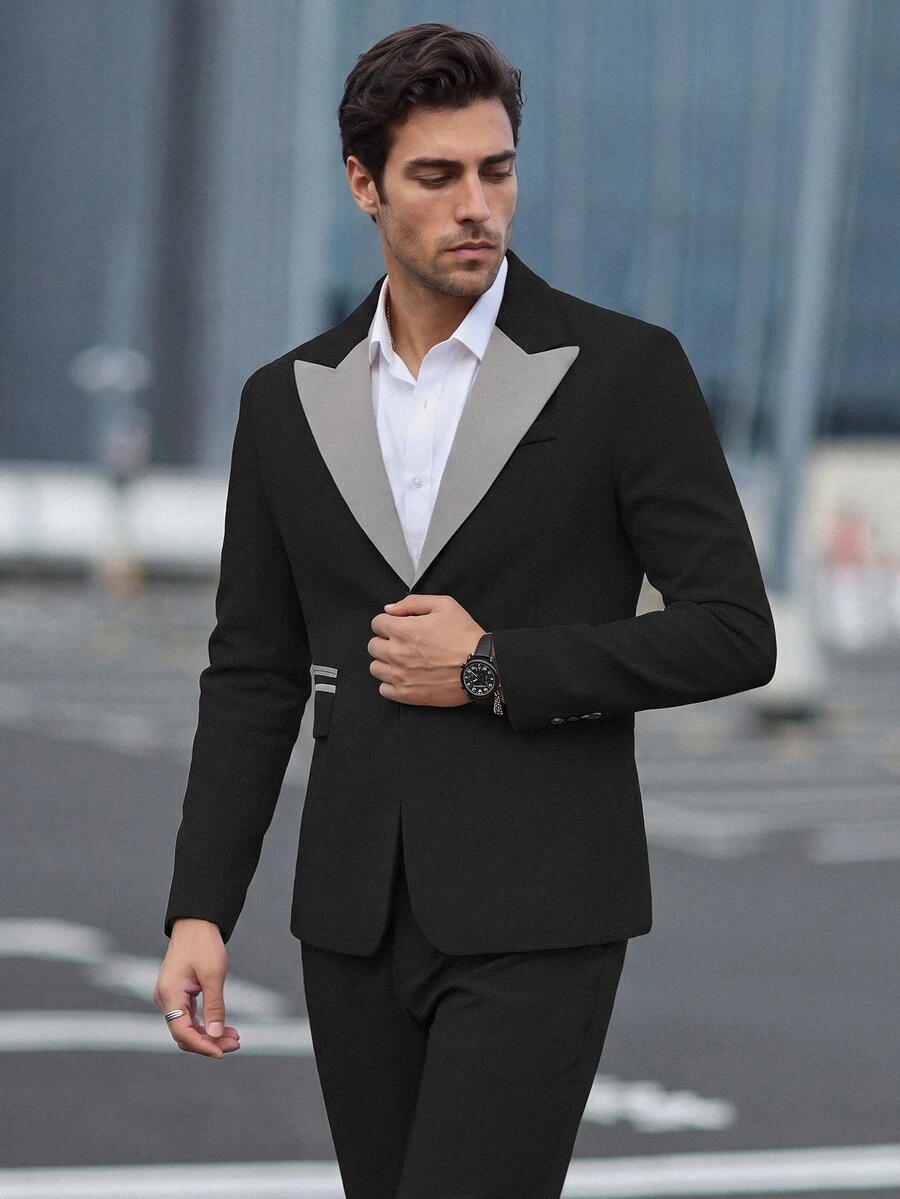 Manfinity Mode 2pcs/Set Men's Contrast Color Collar Jacket And Pants Suit - Black - View 1