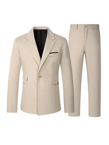 Manfinity Mode Men's Spring/Summer/All-Season Suit Set, Apricot Fabric Mature Business Style Blazer & Pants Suit Set, Formal, Old Money - Apricot - View 4