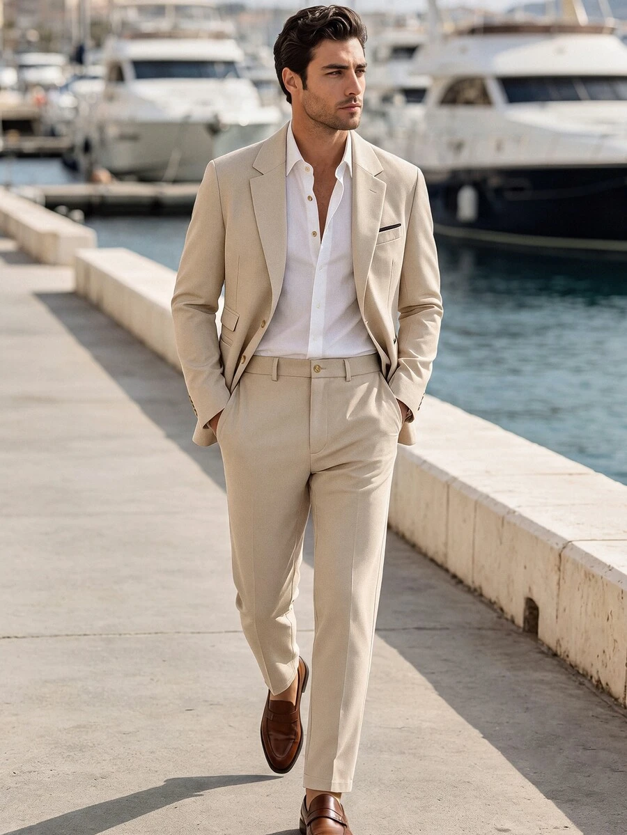 Manfinity Mode Men's Spring/Summer/All-Season Suit Set, Apricot Fabric Mature Business Style Blazer & Pants Suit Set, Formal, Old Money - Apricot - View 1