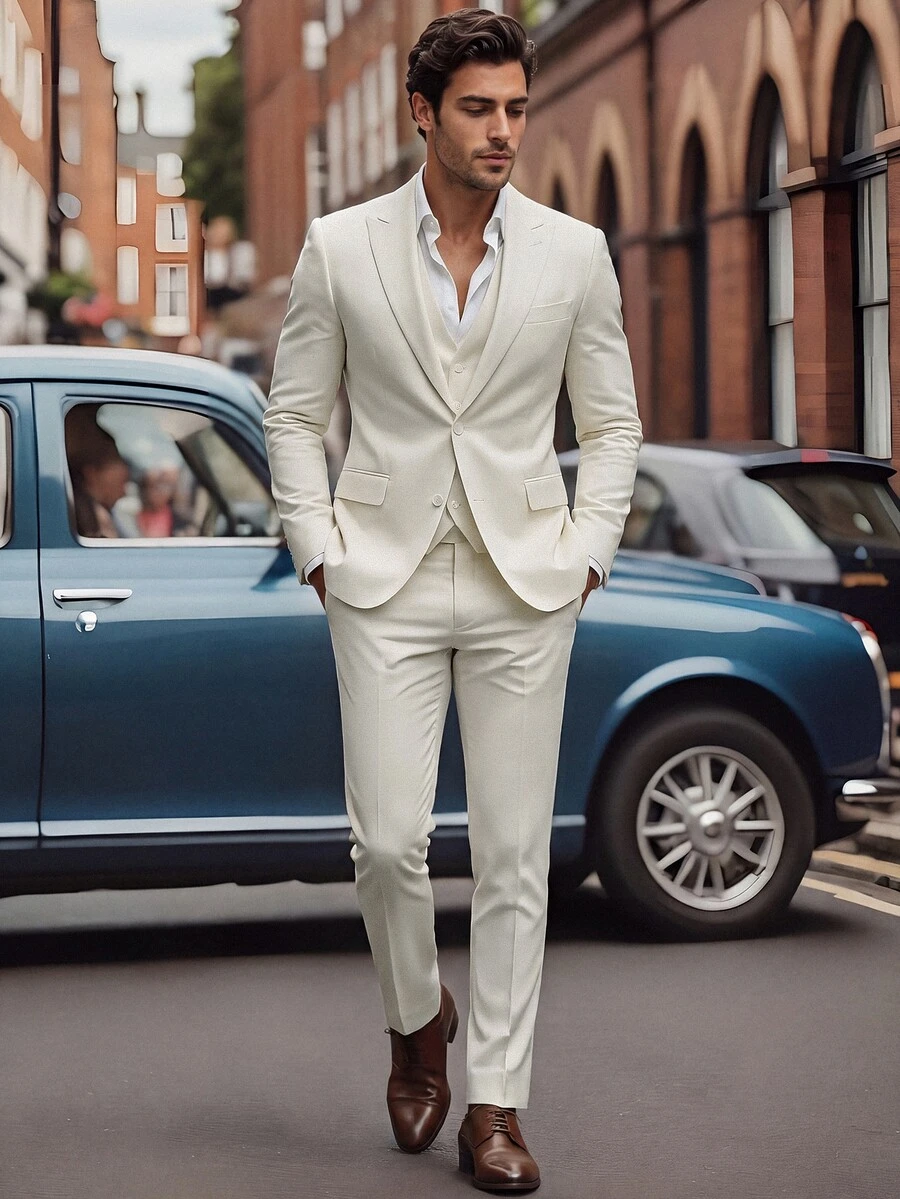 Manfinity Mode Men's Solid Color Single-Breasted Blazer With Bent Joint & Pocketed Dress Pants Formal Suit - Beige - View 1