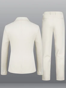 Manfinity Mode Men's Solid Color Single-Breasted Blazer With Bent Joint & Pocketed Dress Pants Formal Suit - Beige - View 3