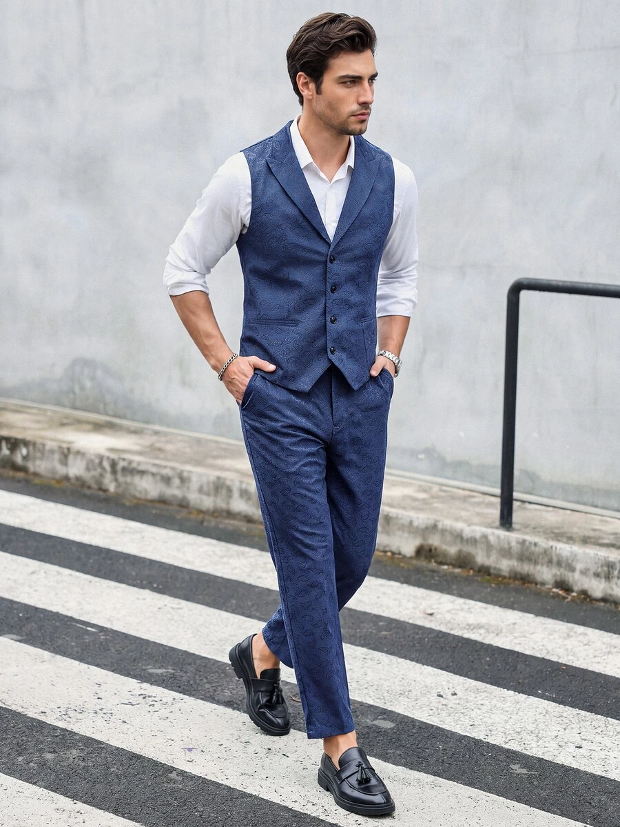 Manfinity Mode Men's Solid Color Simple Daily Wear Sleeveless Vest And Long Pants Suit - Navy Blue - View 1