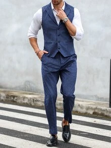 Manfinity Mode Men's Solid Color Simple Daily Wear Sleeveless Vest And Long Pants Suit - Navy Blue - View 5