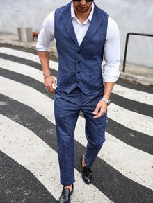 Manfinity Mode Men's Solid Color Simple Daily Wear Sleeveless Vest And Long Pants Suit - Navy Blue - View 7