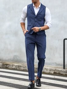 Manfinity Mode Men's Solid Color Simple Daily Wear Sleeveless Vest And Long Pants Suit - Navy Blue - View 3