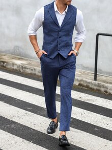 Manfinity Mode Men's Solid Color Simple Daily Wear Sleeveless Vest And Long Pants Suit - Navy Blue - View 2