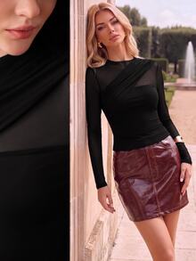 Anewsta Women's Autumn/Winter New Fashion Red Mesh Sheer Top, Women's Red Top, Women's Outing Top, Suitable For Office Commute, Date, Casual Shopping And Other Occasions - Black - View 2
