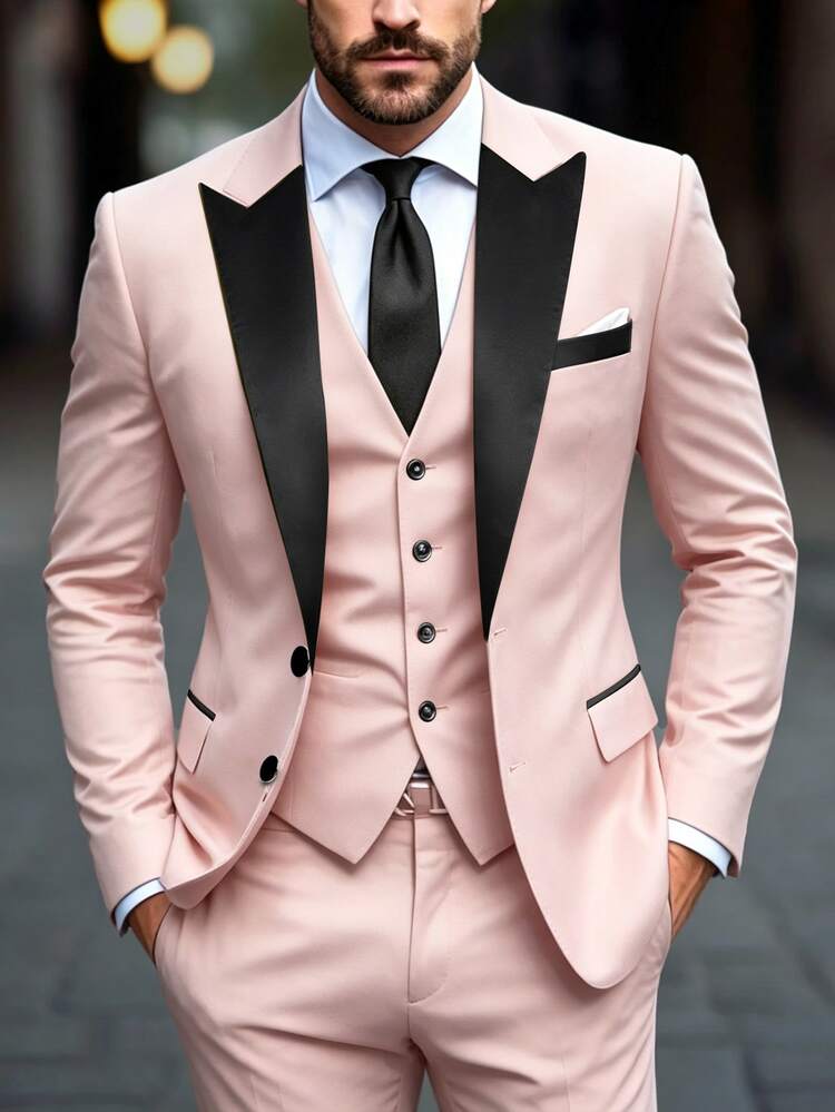 Manfinity Mode Men's Contrast Color Peak Collar Blazer & Pants Suit Set, Formal, Old Money - Baby Pink - View 2