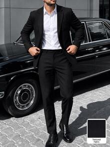 Manfinity Mode Men's Solid Color Casual Business Suit Set, Made Of Textured Fabric, Suitable For Daily Commute, Relaxed Work Environment Or Semi-Formal Occasions, Also An Ideal Gift For Boyfriend And Husband - Black - View 2
