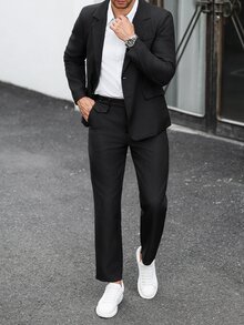 Manfinity Mode Men's Solid Color Casual Business Suit Set, Made Of Textured Fabric, Suitable For Daily Commute, Relaxed Work Environment Or Semi-Formal Occasions, Also An Ideal Gift For Boyfriend And Husband - Black - View 3