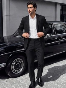 Manfinity Mode Men's Solid Color Casual Business Suit Set, Made Of Textured Fabric, Suitable For Daily Commute, Relaxed Work Environment Or Semi-Formal Occasions, Also An Ideal Gift For Boyfriend And Husband - Black - View 1