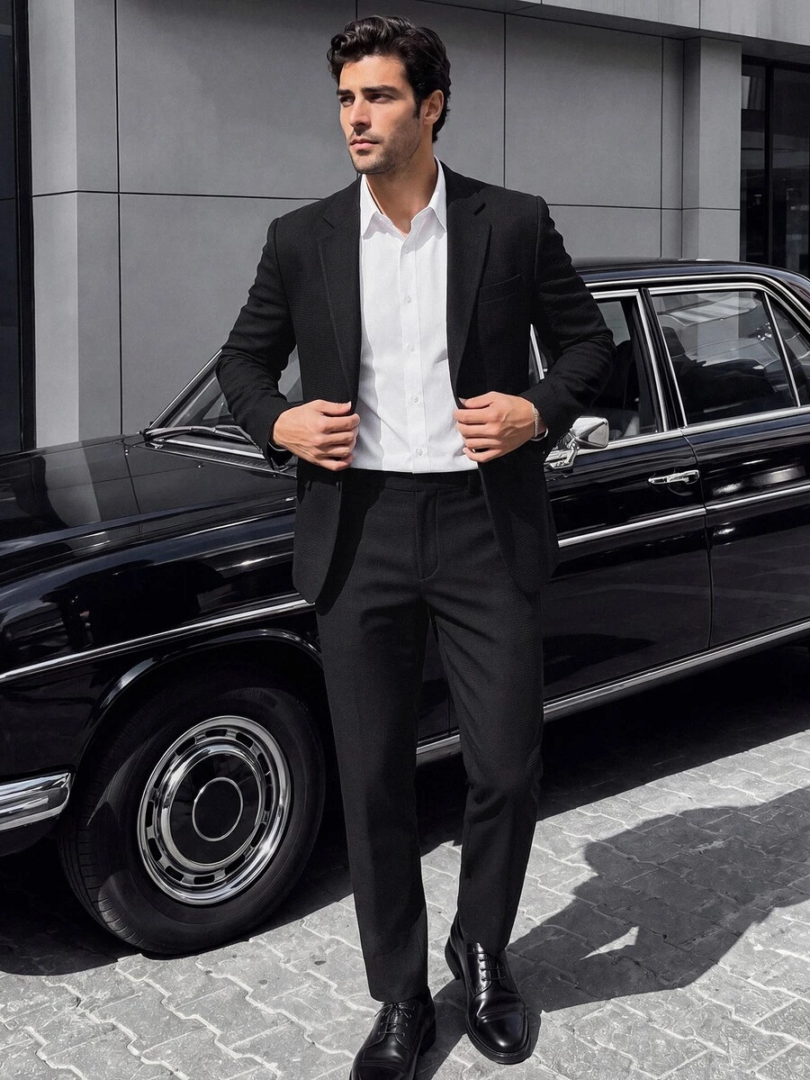 Manfinity Mode Men's Solid Color Casual Business Suit Set, Made Of Textured Fabric, Suitable For Daily Commute, Relaxed Work Environment Or Semi-Formal Occasions, Also An Ideal Gift For Boyfriend And Husband - Black - View 1
