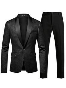 Manfinity Mode Men's Long Sleeve Suit Jacket And Trousers Set,Slim Fit Charcoal Gray Black Summer Elegant Formal Classic Luxury Style For Business Commute,Daily Wear - Black - View 4