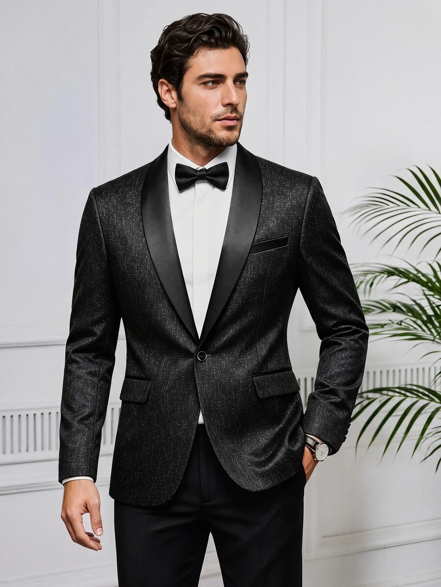 Manfinity Mode Men's Long Sleeve Suit Jacket And Trousers Set,Slim Fit Charcoal Gray Black Summer Elegant Formal Classic Luxury Style For Business Commute,Daily Wear - Black - View 1
