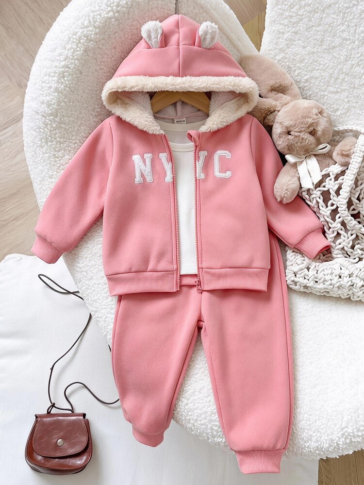SHEIN Baby Girl Baby Girl Autumn/Winter Knitted Faux Fur Cute 3D Ears Letter Embroidered Long Sleeve Hooded Sweatshirt And Knitted Faux Fur Pants 2 Pieces Set, Suitable For Outings, Parties And Other Occasions - Pink - View 1