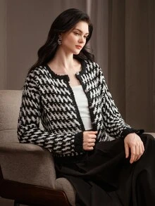 Anewsta Black And White Color Block Elegant Loose Fit Women's Cardigan Top - Black and White - View 5