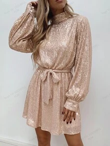 Brillora Women's Stand Collar Belt Bow Long Sleeve Short Dress - Apricot - View 12
