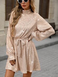 Brillora Women's Stand Collar Belt Bow Long Sleeve Short Dress - Apricot - View 3