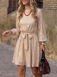 Brillora Women's Stand Collar Belt Bow Long Sleeve Short Dress - Apricot - View 9