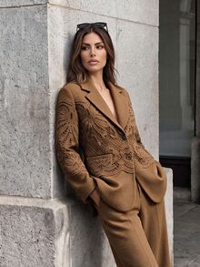 Anewsta Chaqueta Blazer Elegante Francesa Marrón Café con Patchwork Floral, Corte Holgado, Otoño/Invierno, para Mujer, Oficina, Cena, Negocios, Formal, Casual - Marrón - Ver 2