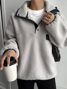 Livesso Women's Casual Collared Half-Zip Sweatshirt, Autumn School - Grey - View 3