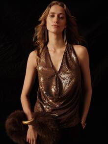 Anewsta Essential Fall/Winter Party Chic Top, Elegant Luxury Sequin Halter Draped Neck Backless Top, Suitable For Party, Banquet, Date And Multiple Occasions - Brown - View 7