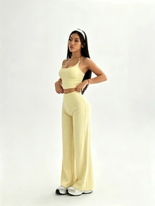 Dewbera Dewbera Women's Solid Color Camisole Tank Top And Long Pants Sports Set - Light Yellow - View 5