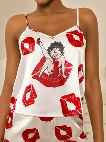 Betty Boop x SHEIN 女士唇印吊带背心和短裤睡衣套装 - 白色 - 查看 7