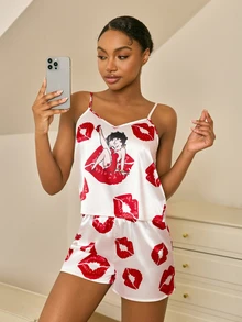 Betty Boop x SHEIN 女士唇印吊带背心和短裤睡衣套装 - 白色 - 查看 1