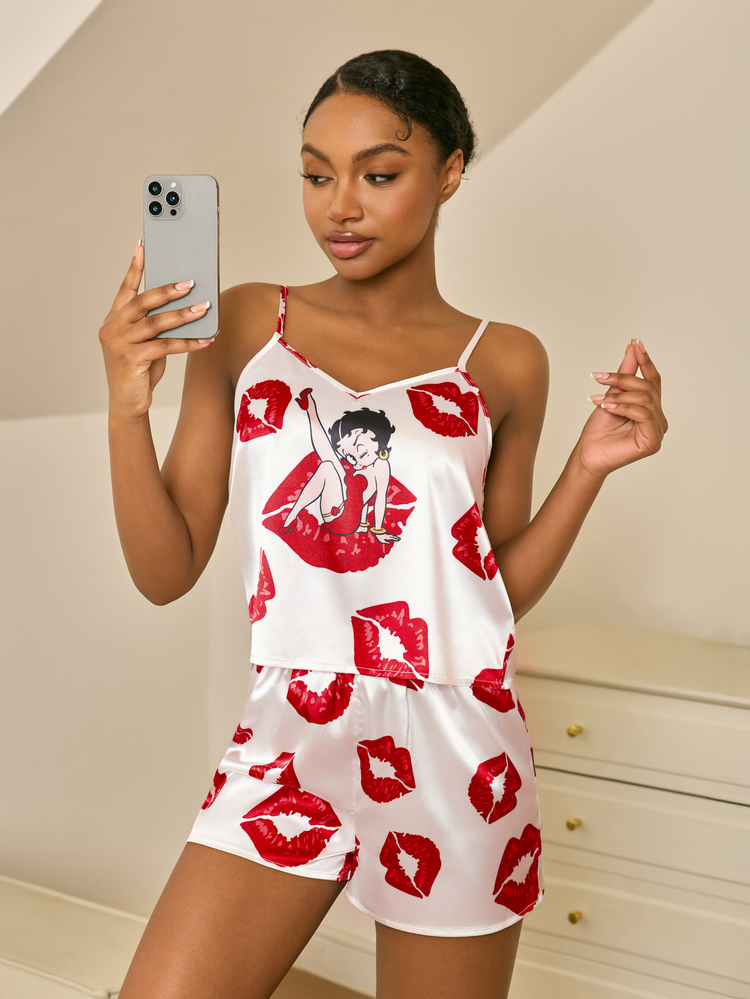 Betty Boop x SHEIN Women's Lip Print Camisole And Shorts Pajama Set - White - View 1