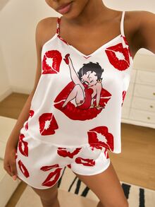 Betty Boop x SHEIN 女士唇印吊带背心和短裤睡衣套装 - 白色 - 查看 3